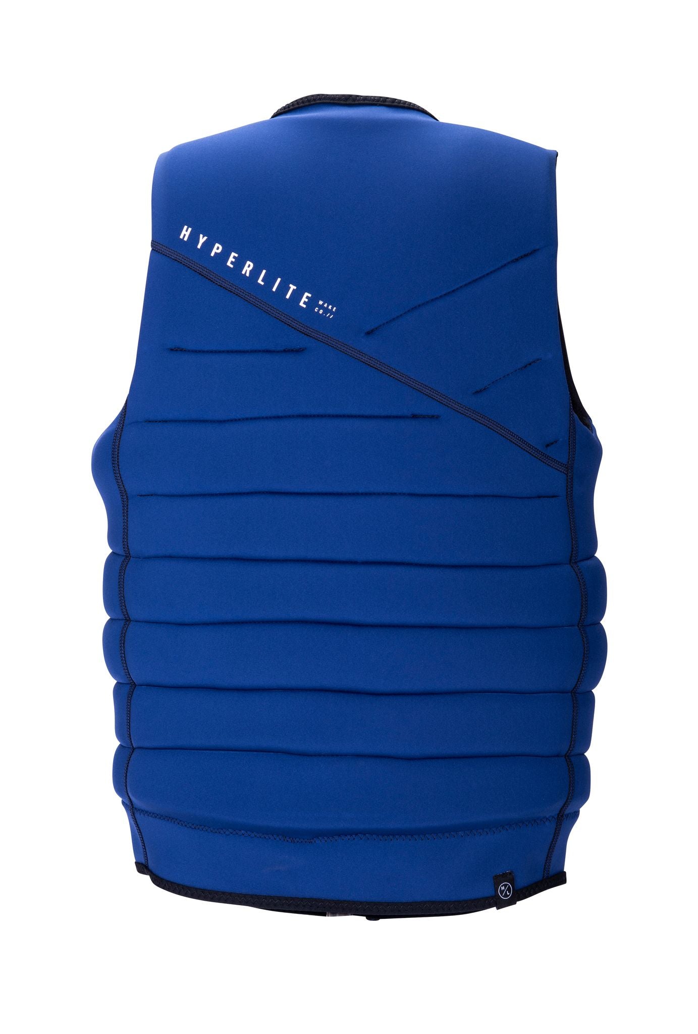 A Hyperlite 2024 NCGA Ripsaw vest with black and blue stripes, perfect for wakeboarders.