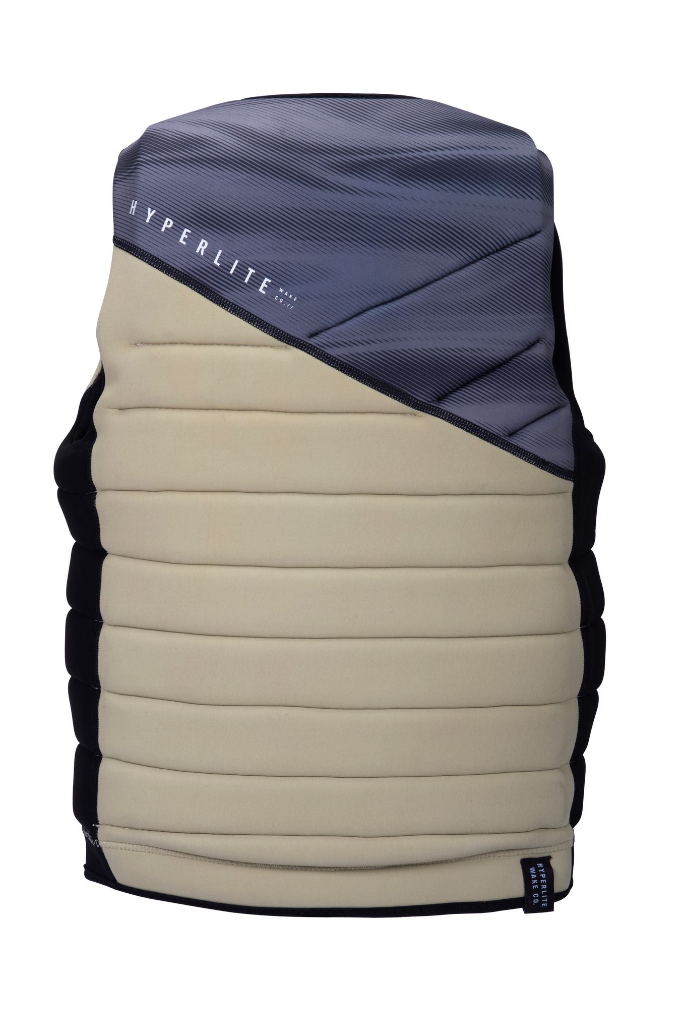 A black and beige Hyperlite life jacket with a zipper, also known as the Graeme Burress Signature Jacket.