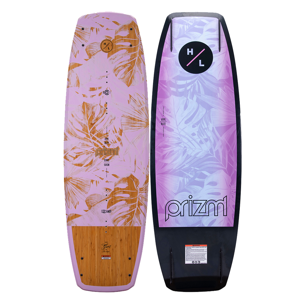 A Hyperlite 2023 Prizm Wakeboard with a pink and black design.