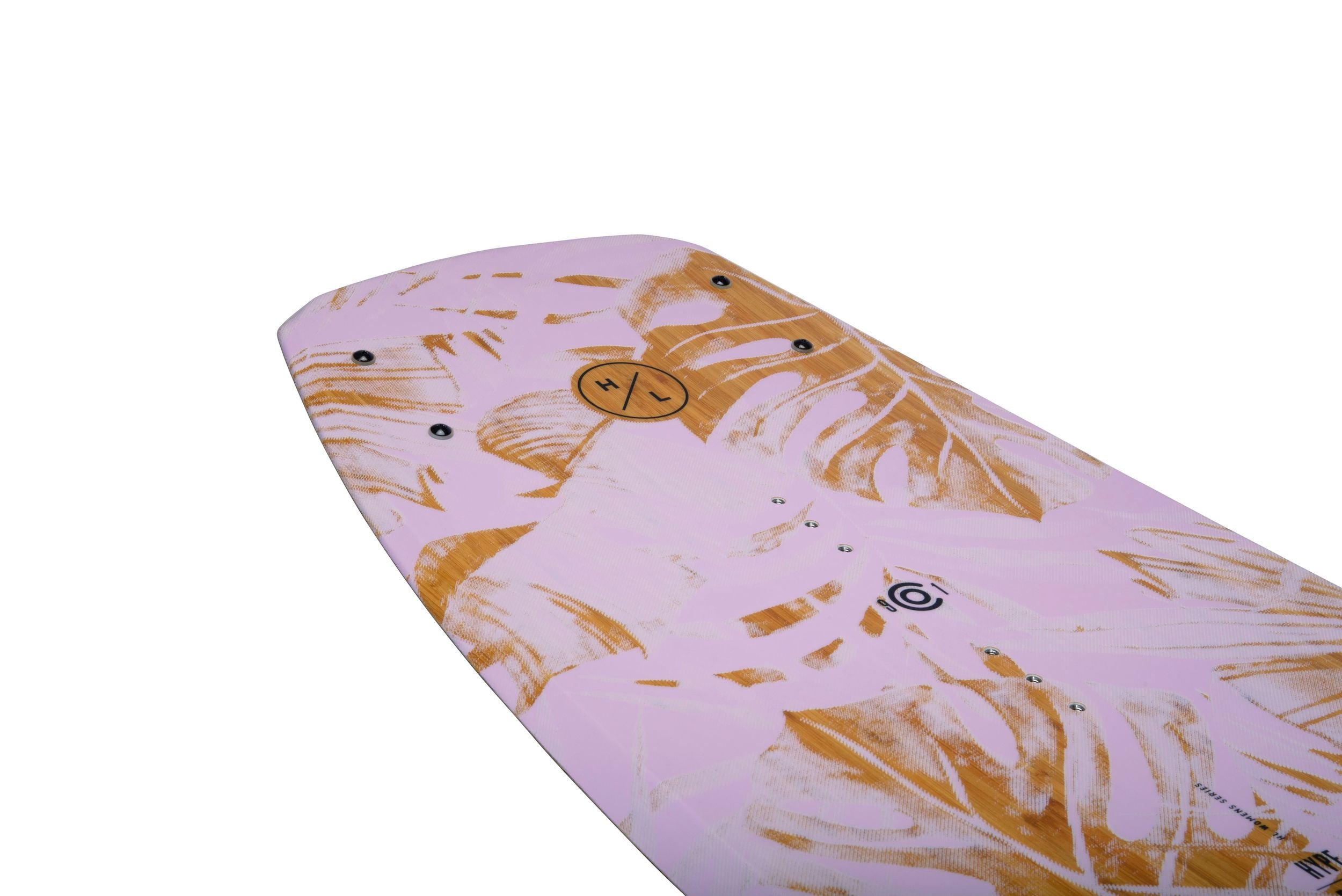 A Hyperlite 2023 Prizm wakeboard with a Shaun Murray inspired pink and gold leaf design.