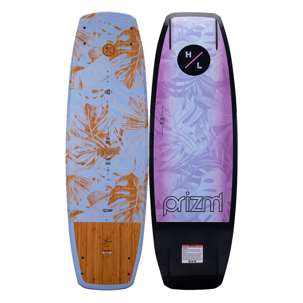 A Hyperlite ladies wakeboard with a tropical print, called the Hyperlite 2023 Prizm Wakeboard.