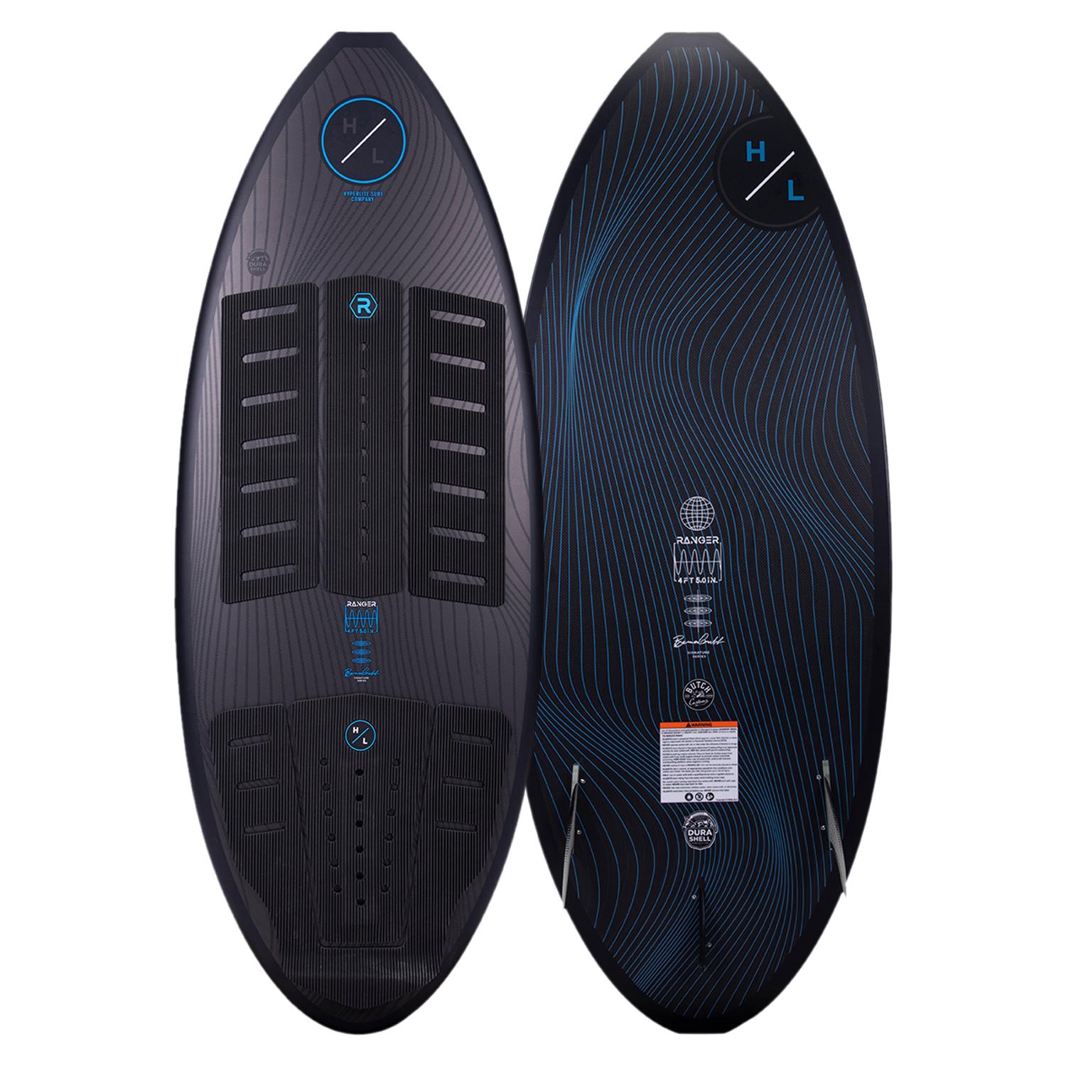 A Hyperlite 2023 Ranger Wakesurf Board in black and blue with a blue design featuring Durashell construction.