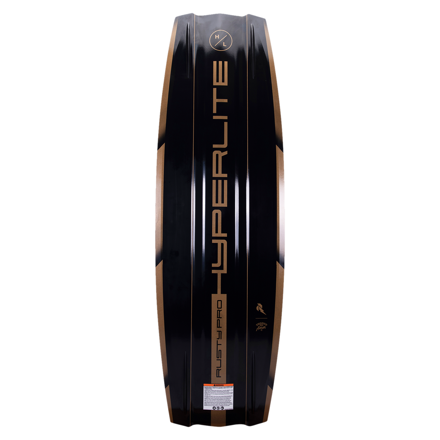 A Hyperlite 2023 Rusty Pro wakeboard with the word superlite on it, endorsed by Rusty Malinoski.