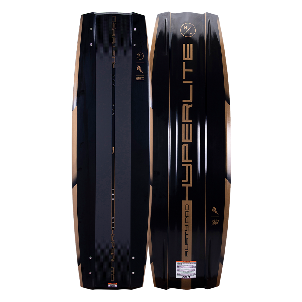 Hyperlite's Hyperlite 2023 Rusty Pro Wakeboard features a poppy feel with a gold logo.