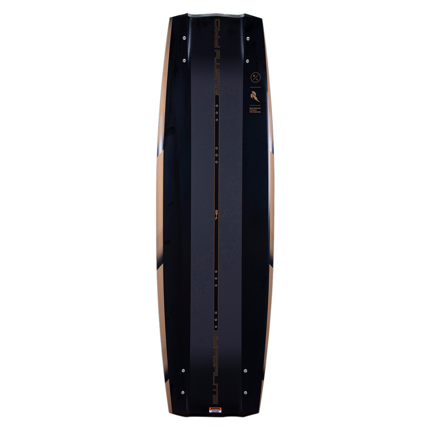 A Hyperlite 2023 Rusty Pro wakeboard with a poppy feel, showcasing its bold black and gold design against a clean white background.