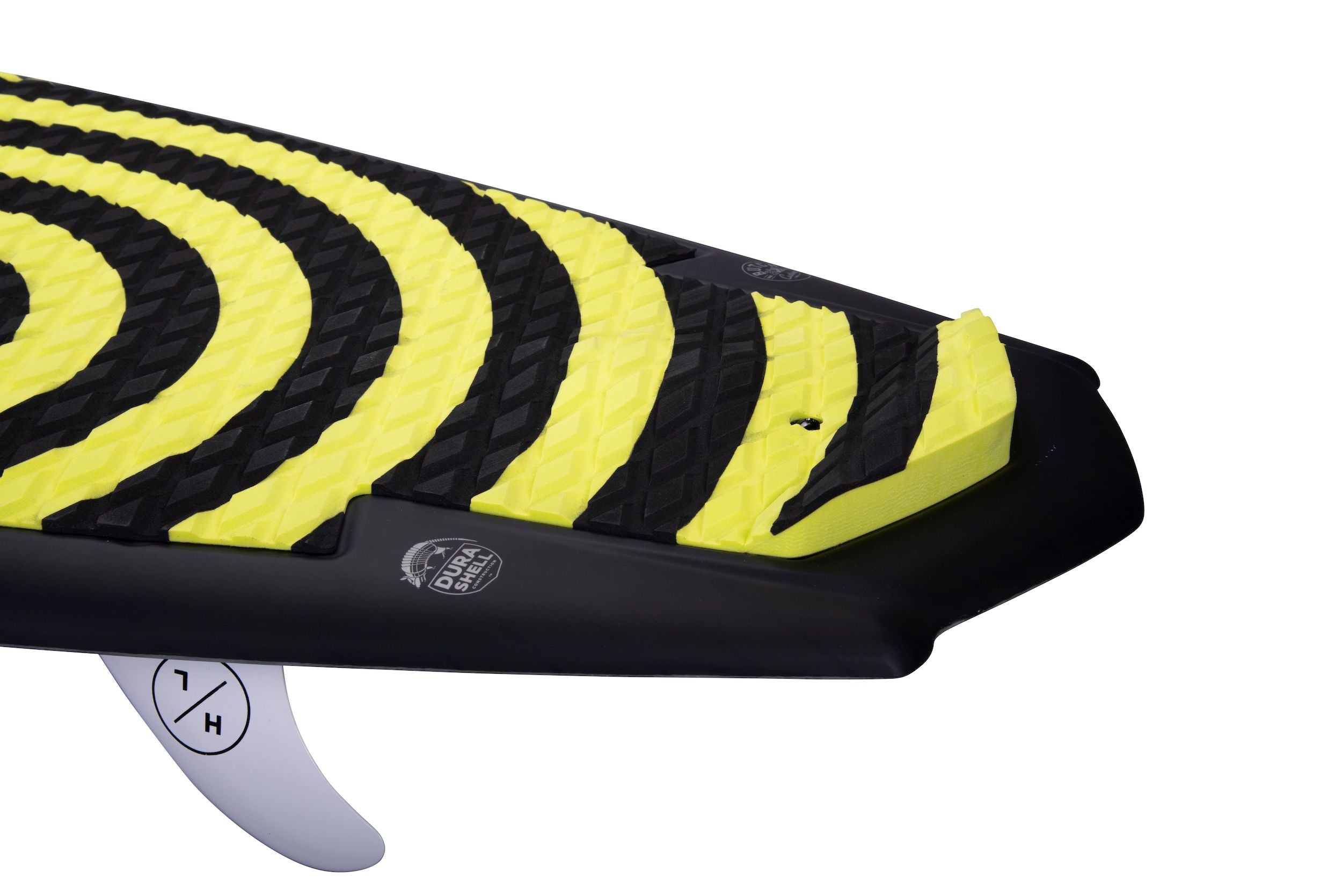 A Hyperlite 2024 Shim wakesurf board with a yellow and black design, perfect for the DuraShell Construction enthusiast.