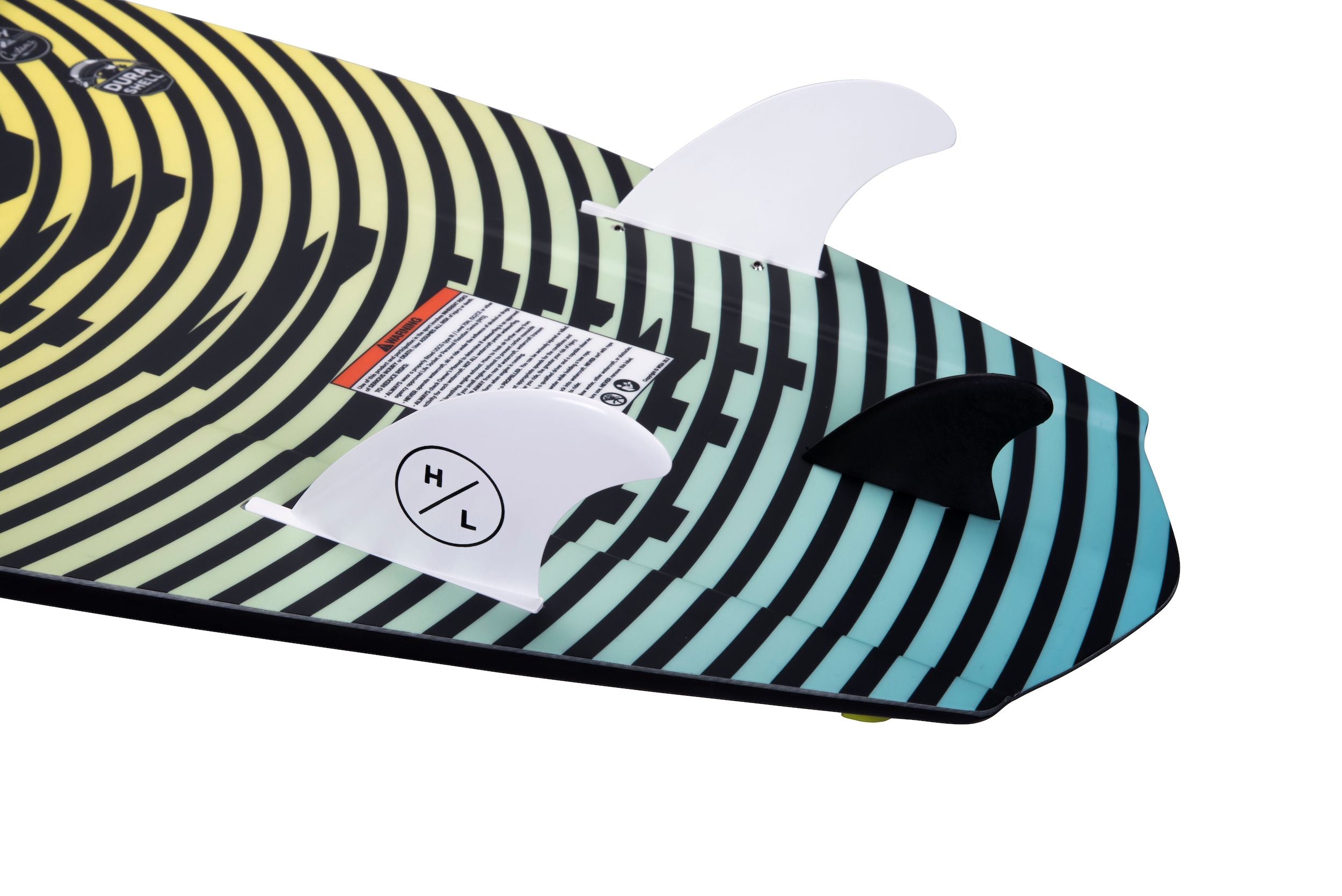 A Hyperlite 2024 Shim Wakesurf Board with SHIM fins and DuraShell Construction, perfect for the wakesurf enthusiast.