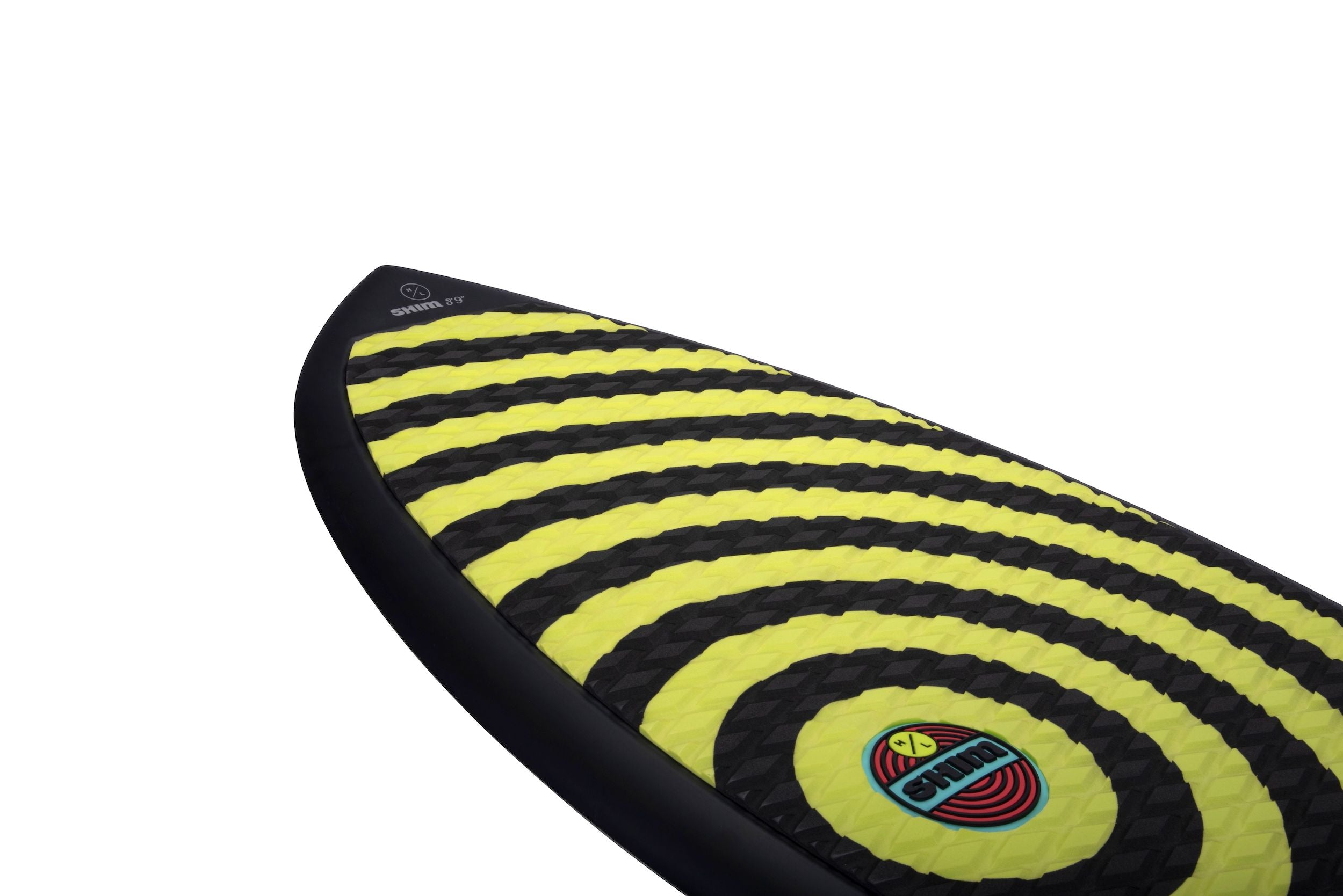 A Hyperlite 2024 Shim wakesurf board with a yellow and black design for the wakesurf enthusiast.