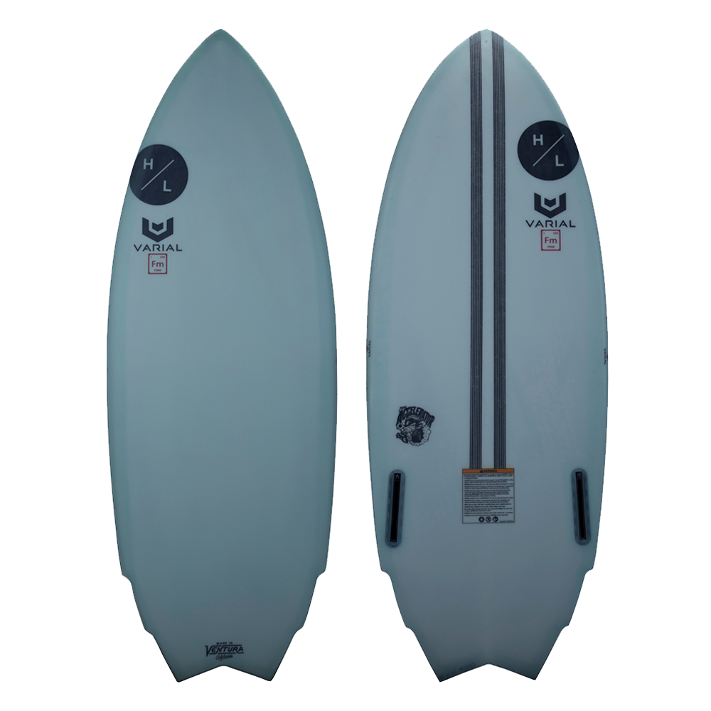 A Hyperlite 2024 Varial Accelerator wakesurf board with a black stripe on it, equipped with Varial Surf Technology for enhanced performance.
