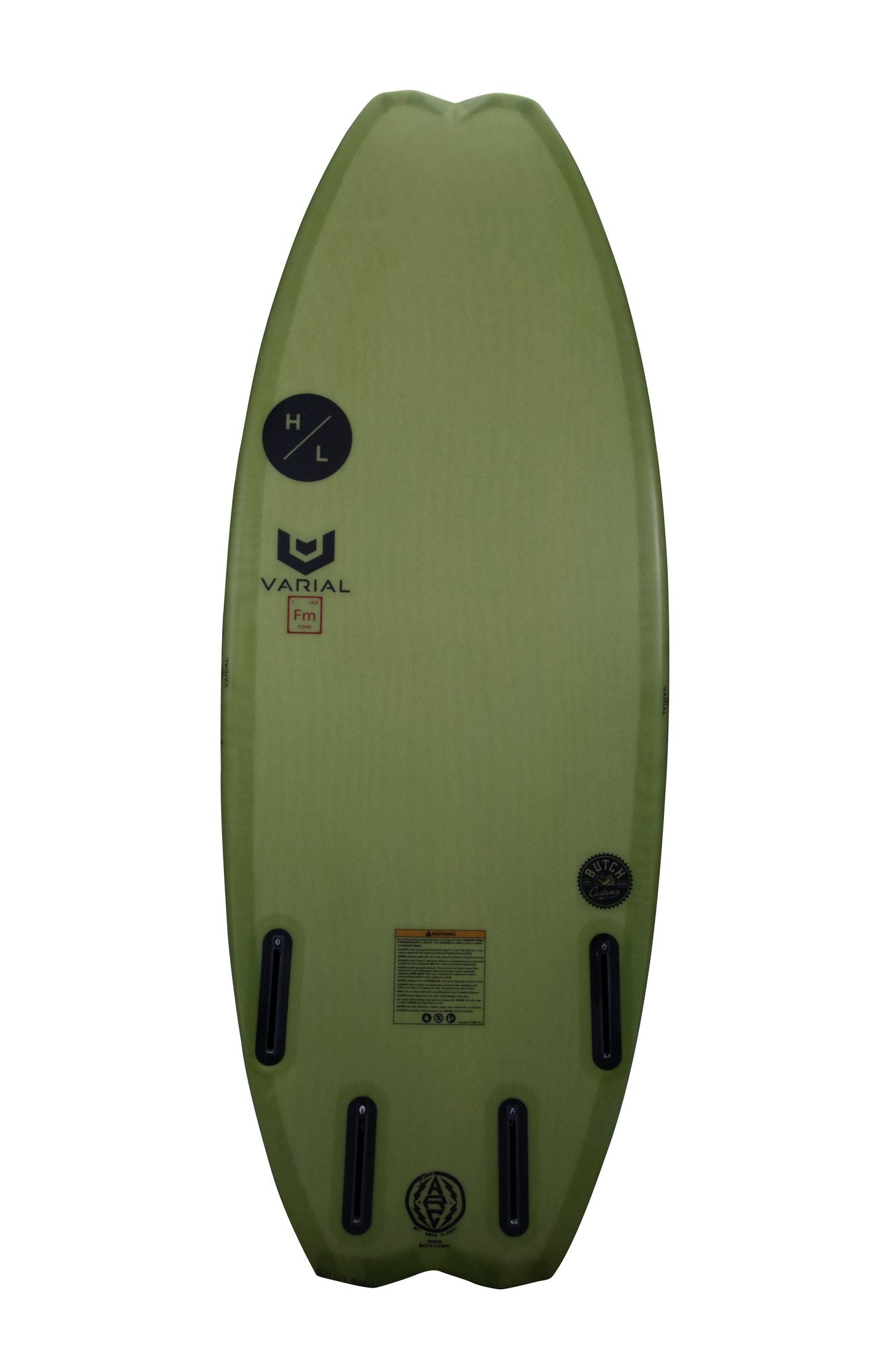 A green Hyperlite 2024 Varial ARC Wakesurf Board with a black logo on it, featuring Varial Surf Technology.