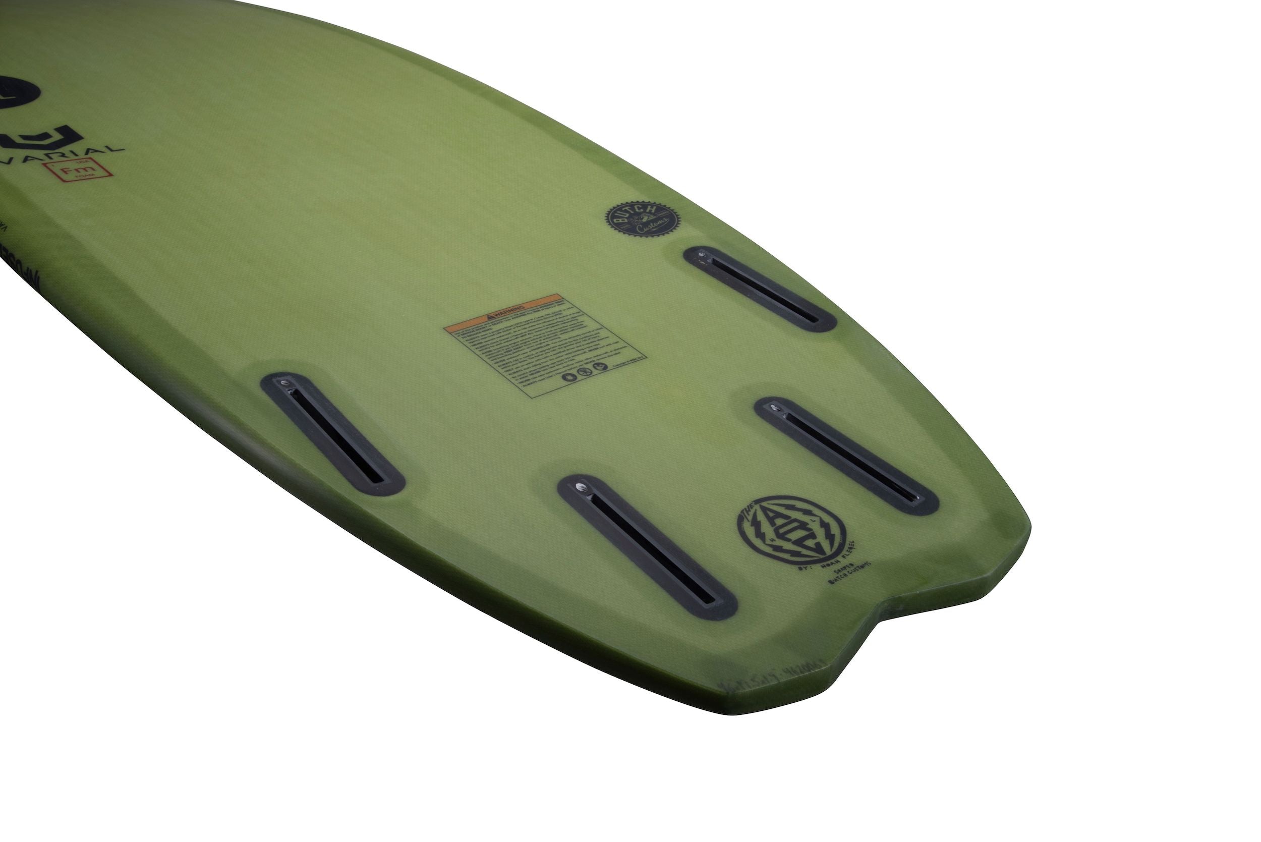 A green Hyperlite 2024 Varial ARC Wakesurf Board featuring Varial Surf Technology on a white background.