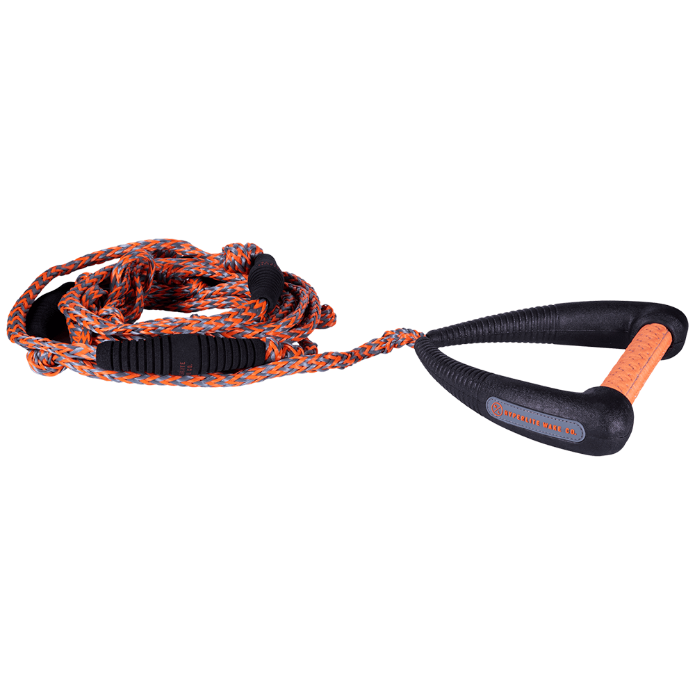 A Hyperlite 25' Pro Surf Rope with an black and orange handle.