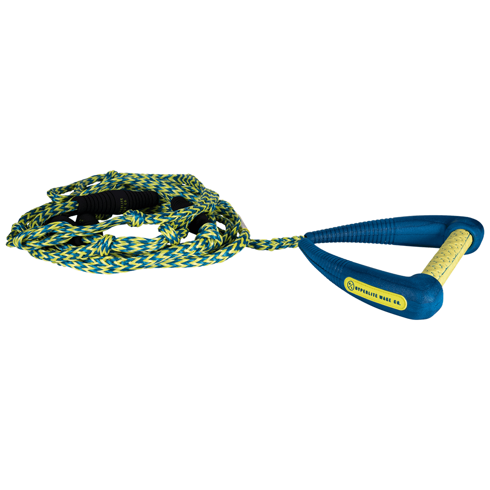 A Hyperlite 25' Pro Surf Rope with Handle - Blue/Yellow and yellow handle.