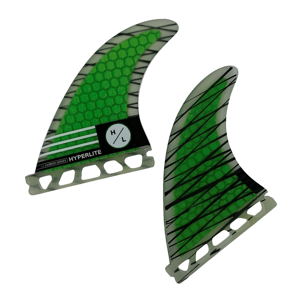 Two Hyperlite 4.5 Riot Carbon Surf Fins on a green background, featuring an inside foil.