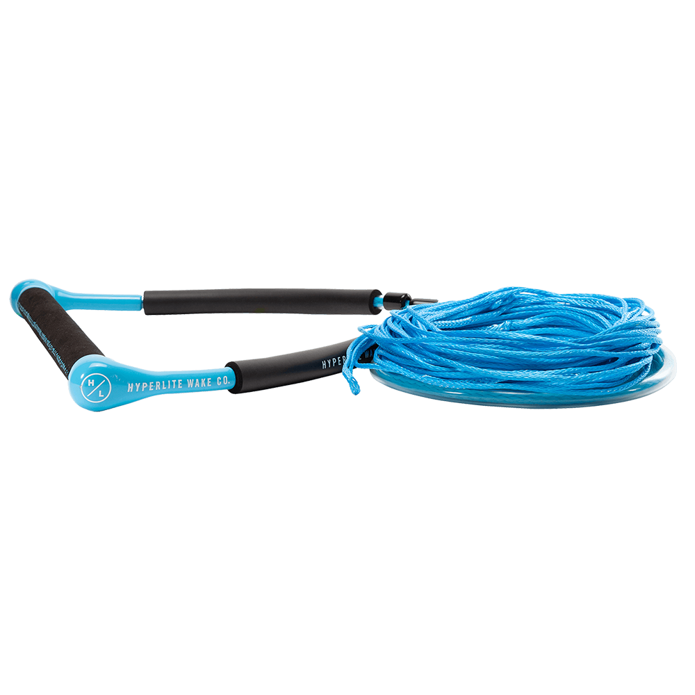 A blue and black rope with a 65’ Hyperlite CG Handle w/ Maxim Line - Blue and Chamois Grip attached to it.