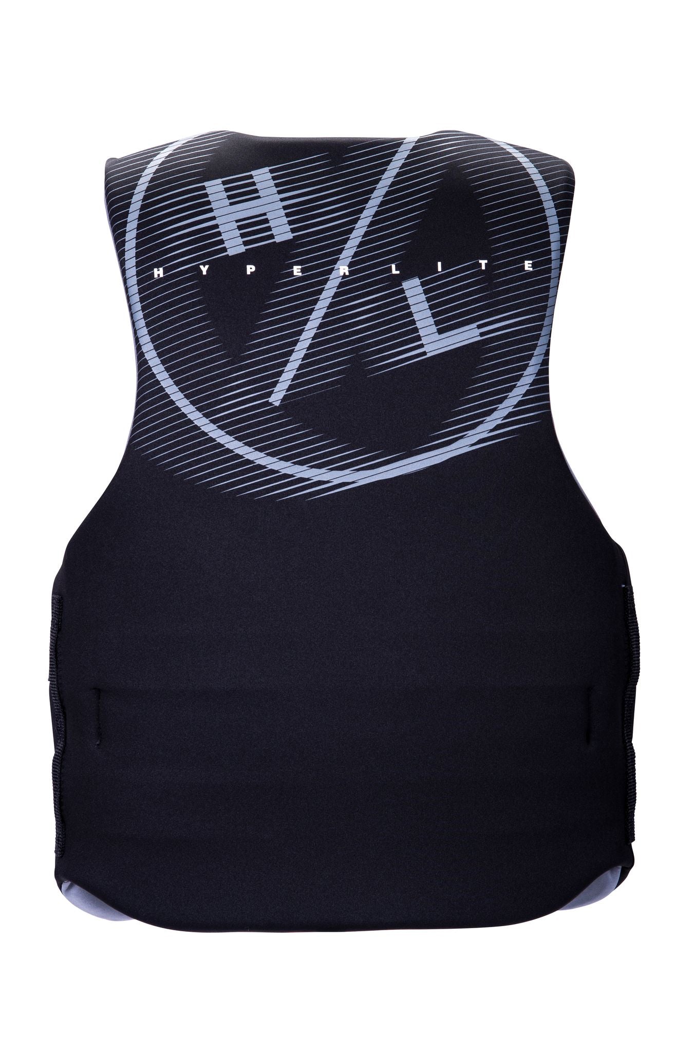 A black Hyperlite Men's Indy CGA Vest with a grey Hyperlite logo on it, approved by Transport Canada for use as a life-saving device.