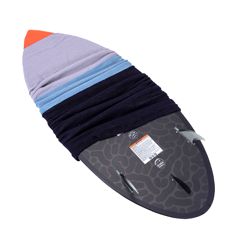 A Hyperlite Surf Sock, a plush terrycloth fabric surfboard with a drawstring closure on a green background.