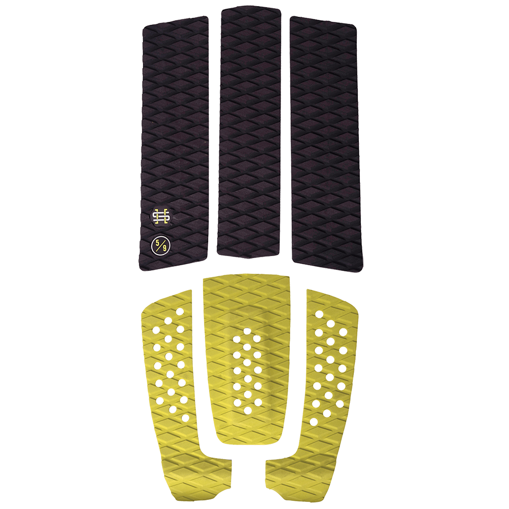 A pair of high end Hyperlite black and yellow skateboard grips.