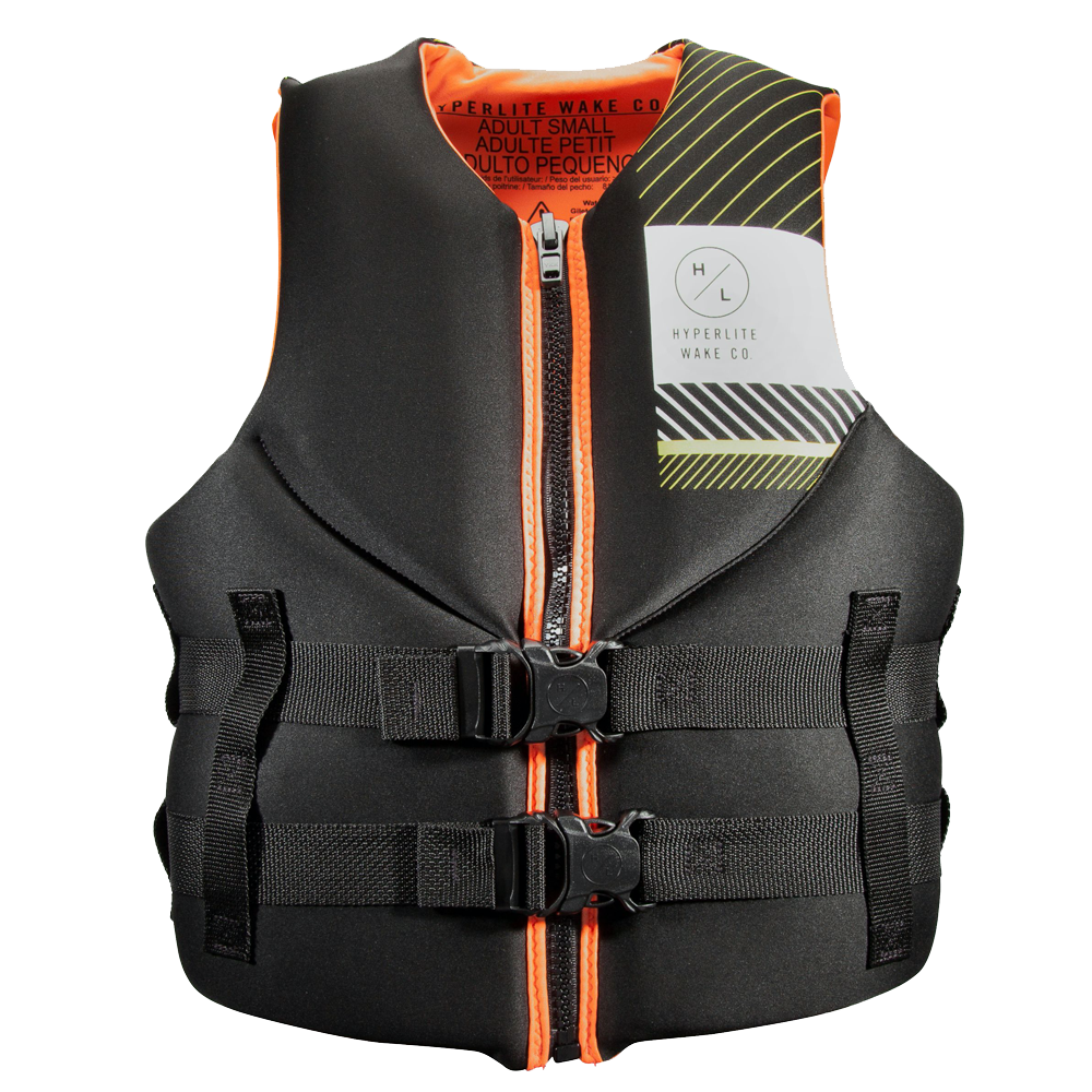 A Hyperlite Women's Indy CGA Vest - Coral with U.S. COAST GUARD APPROVAL, in black and orange colors, on a white background.