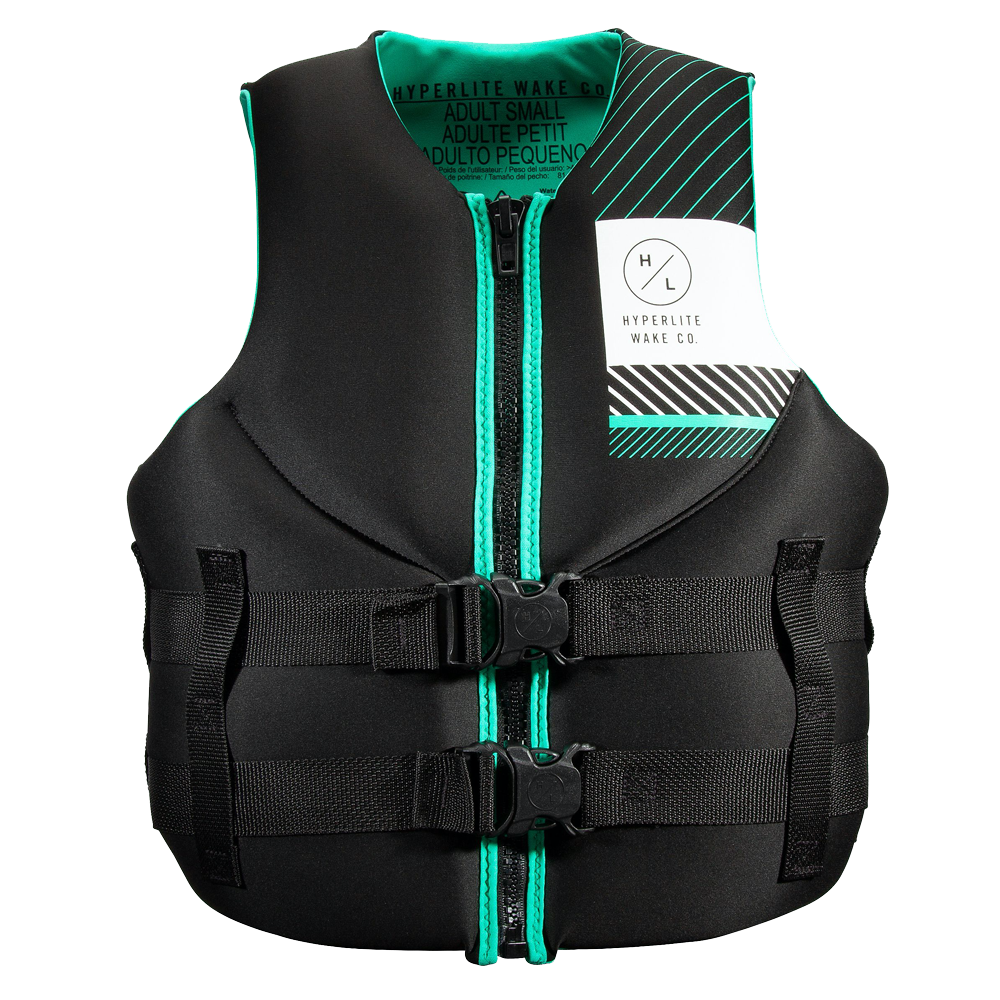 A Hyperlite black and green life jacket on a white background, approved by Transport Canada.