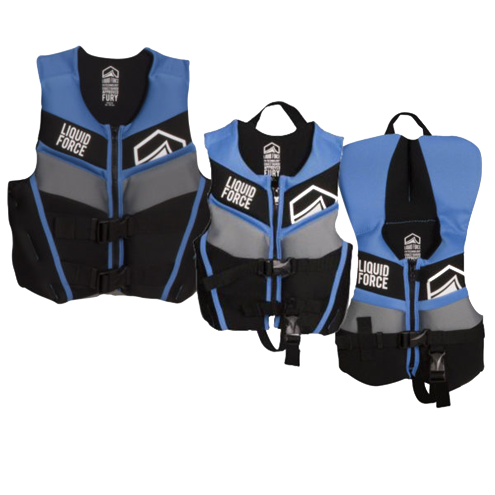 Liquid Force 2019 Fury Infant Vest - Blue life jackets for infants and toddlers made with comfortable blue and black Flex-Span fabric.