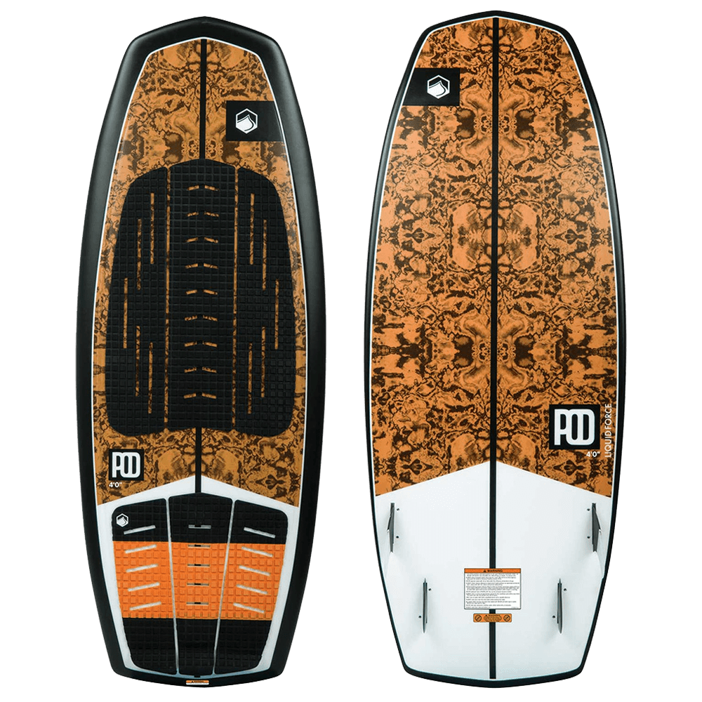 A Liquid Force 2022 Pod wakesurf board with a performance-minded orange and black design.