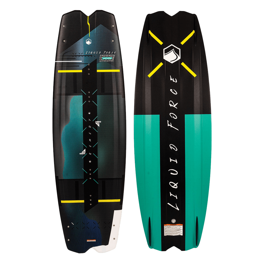 A Liquid Force 2022 Remedy Aero wakeboard with a black and green design.