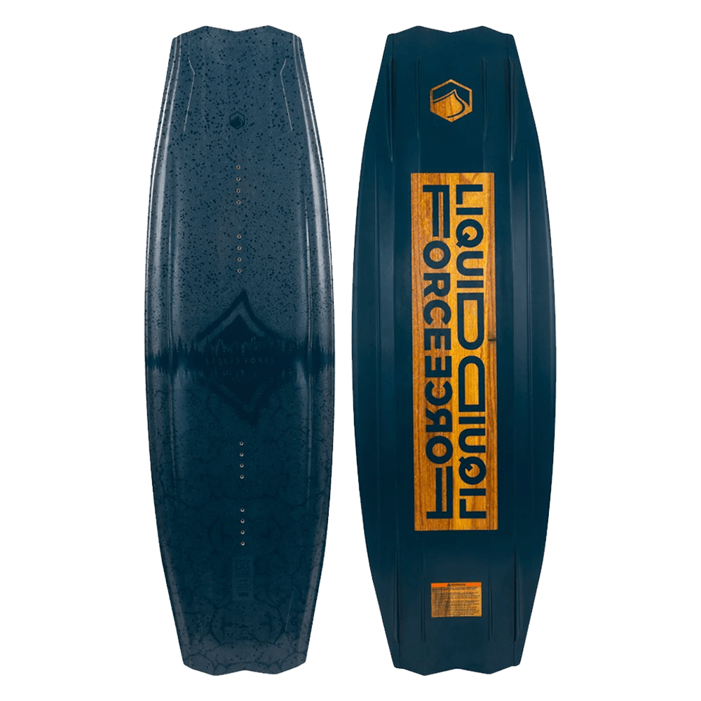 A blue and yellow Liquid Force 2022 Rhyme Wakeboard with an orange Liquid Force logo boasting a three-stage rocker for added Rhyme.