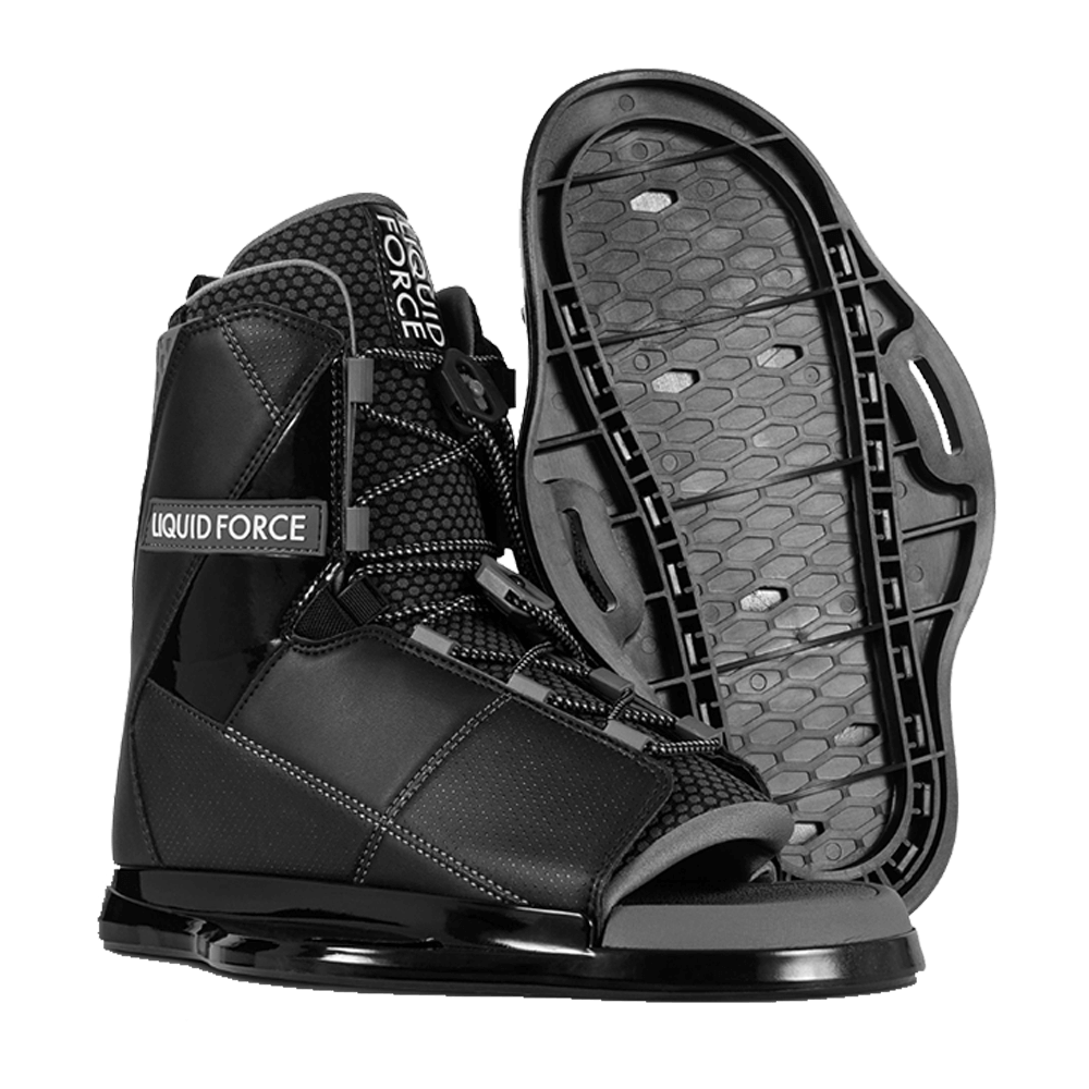 A pair of black Liquid Force 2022 Transit 6R Bindings wakeboard boots featuring bindings on a white background.