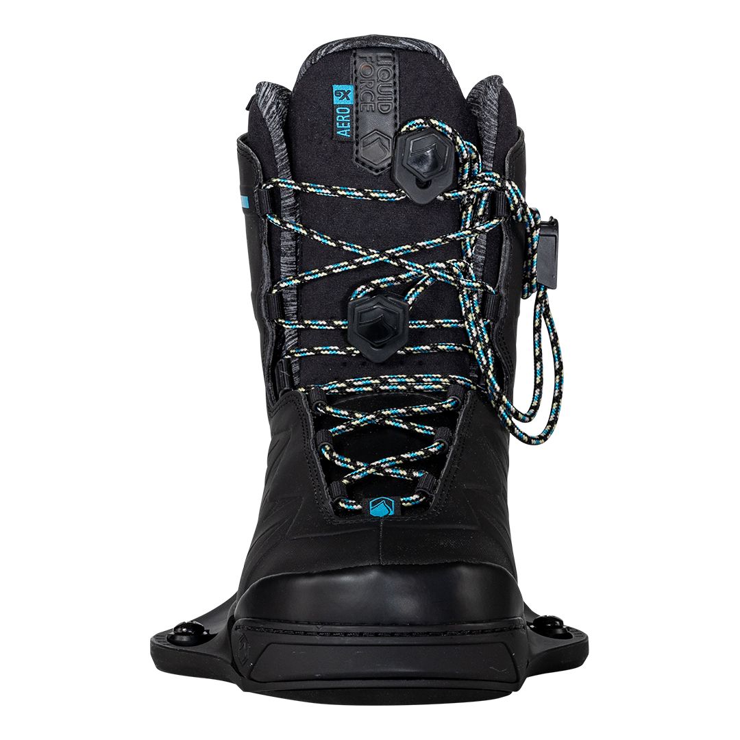 A pair of Liquid Force 2024 Aero 6X Boots - Black with blue laces featuring a flexible support structure.