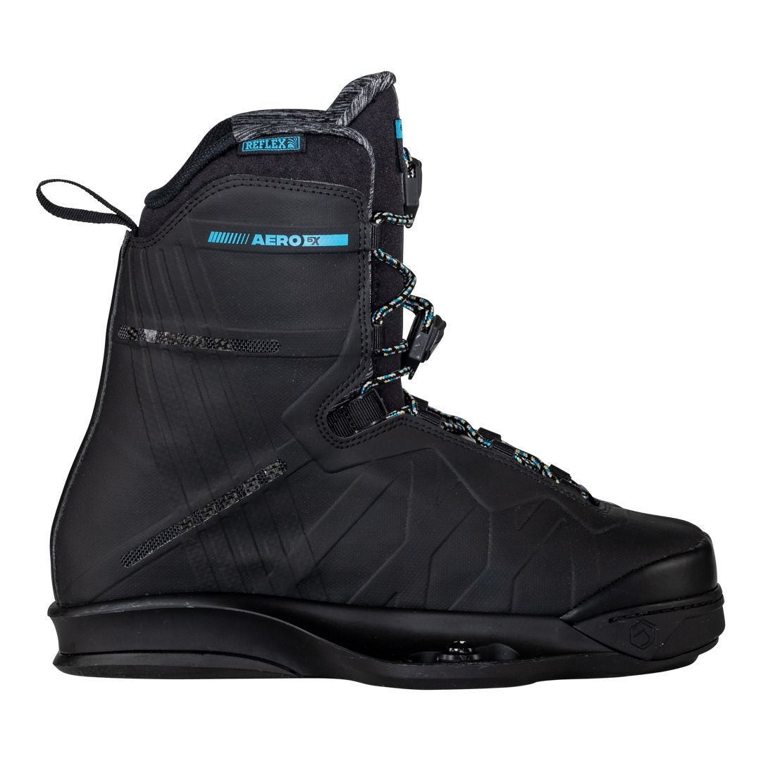 A Liquid Force 2024 Aero 6X Boots - Black snowboard boot with blue accents, designed for flexibility and lightweight bindings.