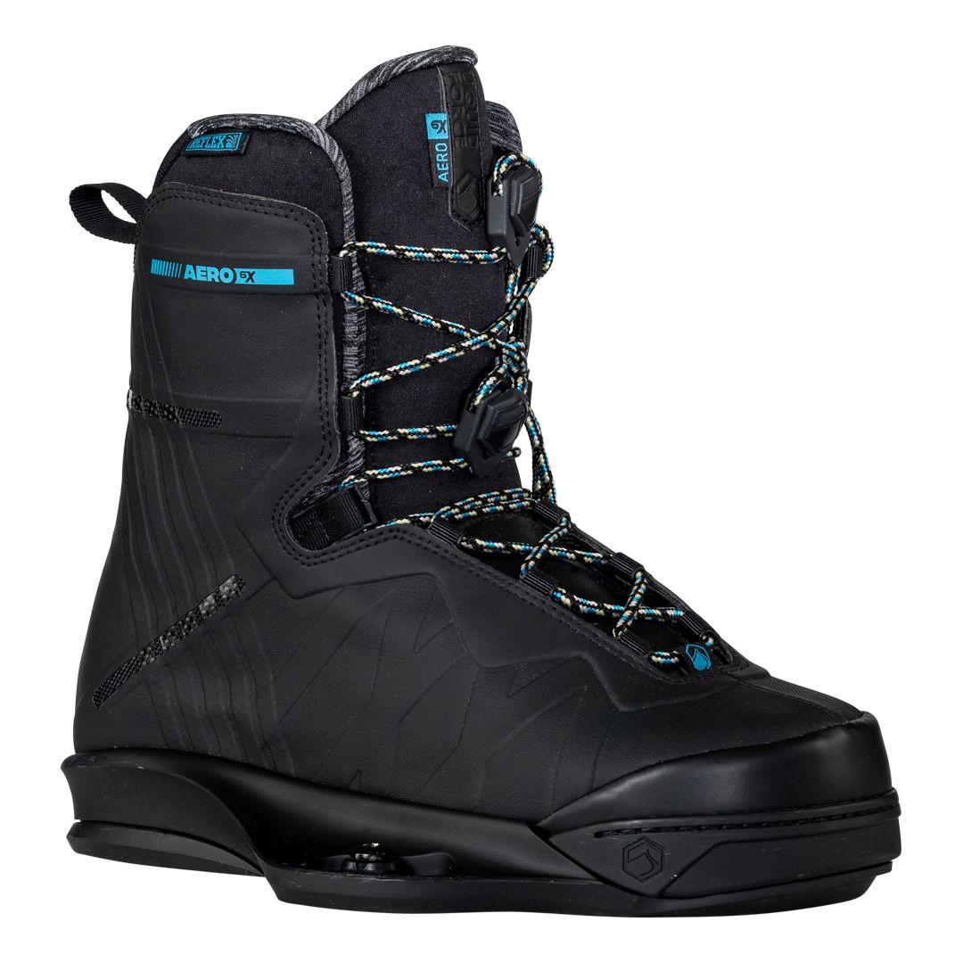 A pair of Liquid Force 2024 Aero 6X Boots - Black, featuring a flexible support structure.