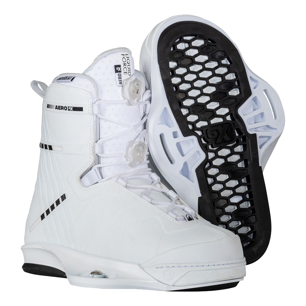 A pair of Liquid Force 2024 Aero 6X Boots with laser cut and sonic welded uni-body side panels on a white background.