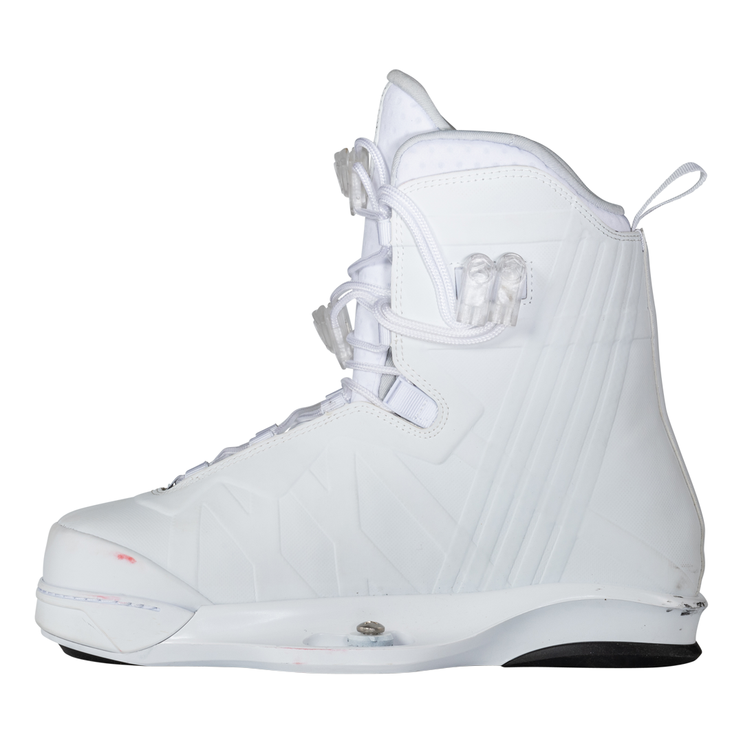 A pair of Liquid Force 2024 Aero 6X Boots - White on a white background featuring lightweight bindings and flexible yet ultra-supportive design.