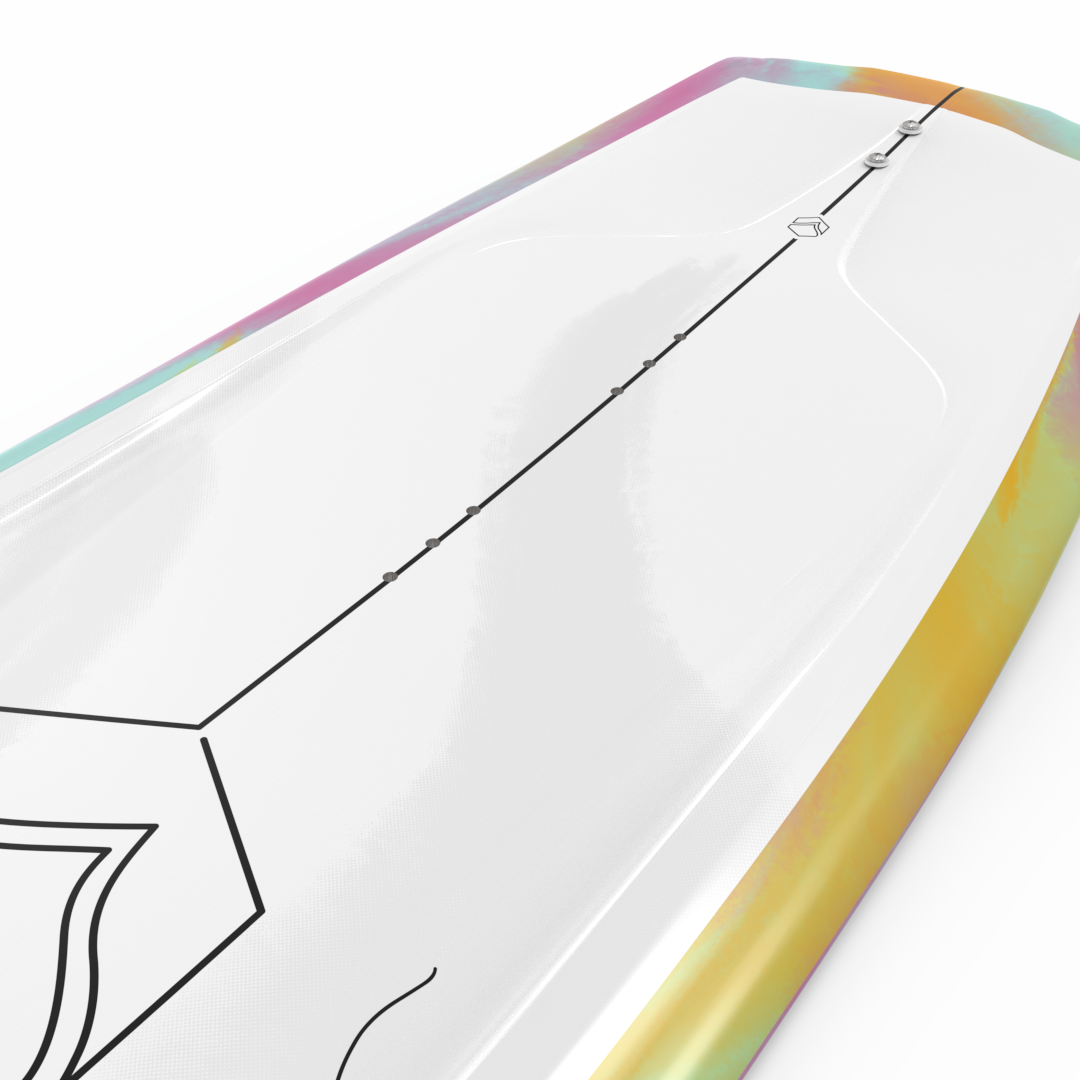 A stable Liquid Force 2024 Angel Wakeboard with a vibrant rainbow design.