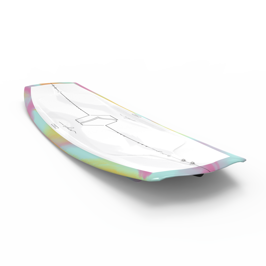 A Liquid Force 2024 Angel Wakeboard with a colorful and stable design on it.