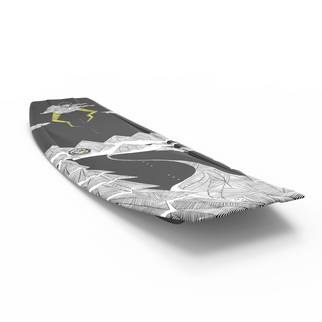 An explosive Liquid Force 2024 Bullox Wakeboard pop off the top with aggressive edge control, a black and yellow Liquid Force 2024 Bullox Wakeboard glides gracefully on a white surface.