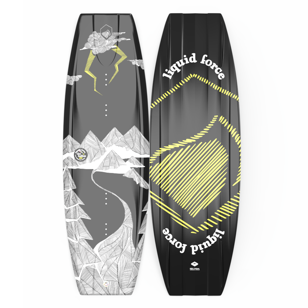 A black and yellow Liquid Force 2024 Bullox wakeboard with aggressive edge control and explosive pop off the top.