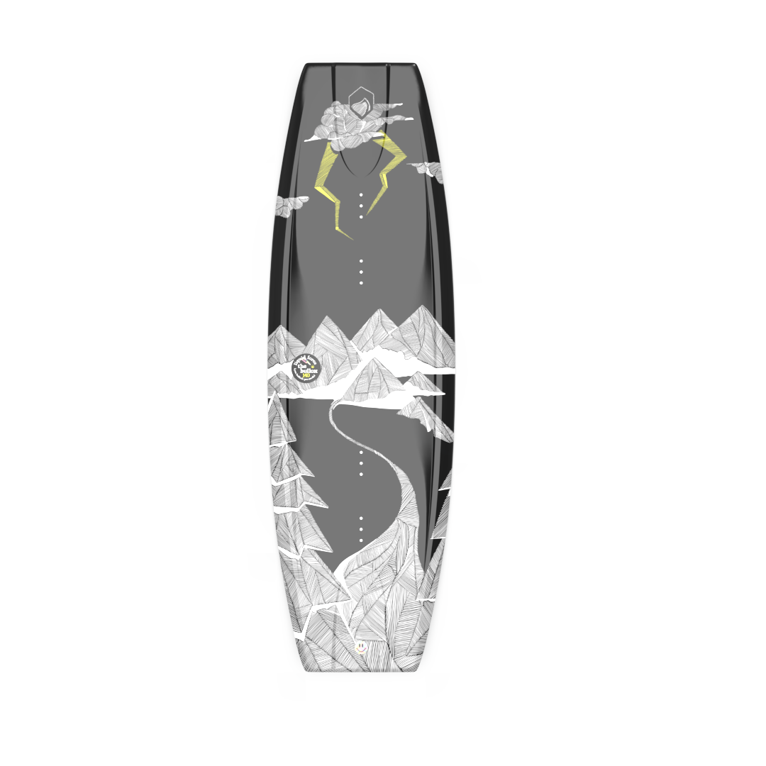 An explosive wake machine with aggressive edge control, featuring a black and white design and an image of a mountain. The Liquid Force 2024 Bullox Wakeboard from Liquid Force.