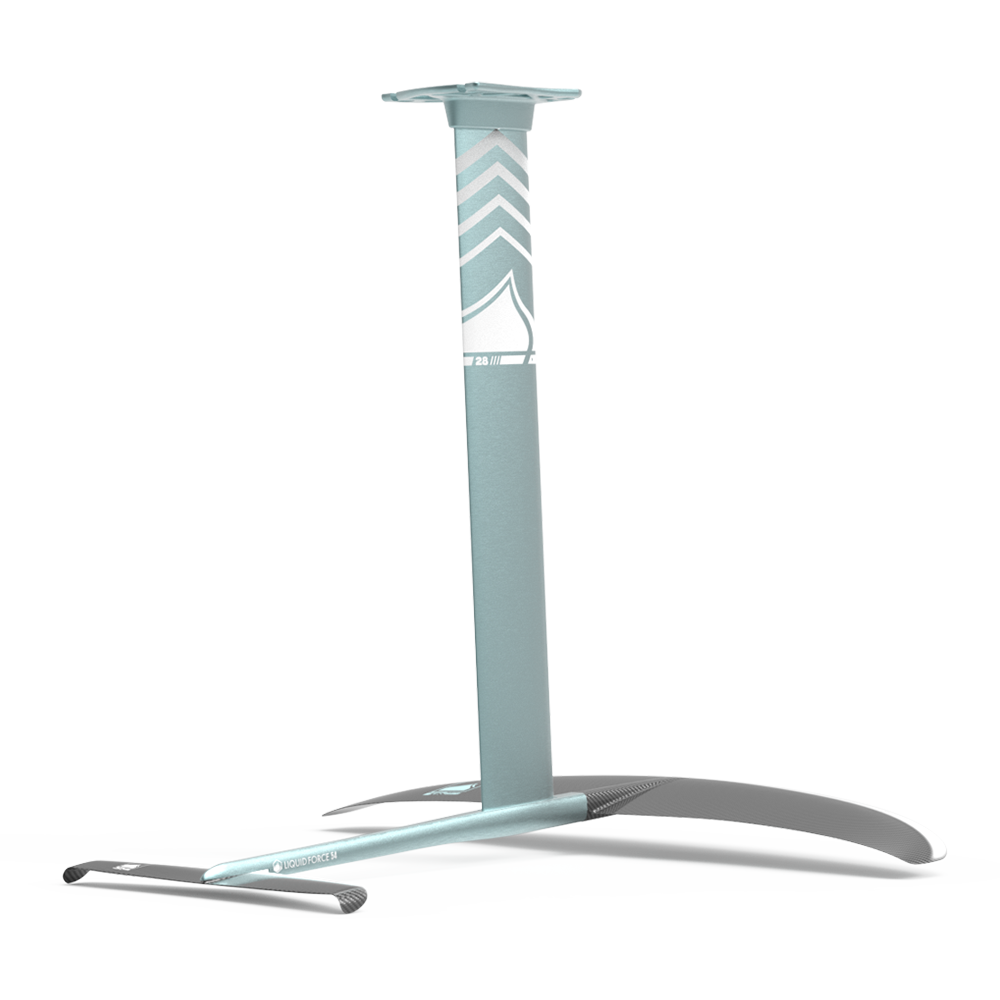 The Liquid Force 2024 Horizon Alloy Surf 120 Foil Set standing desk combines stability and style, with a white base and a blue stand.