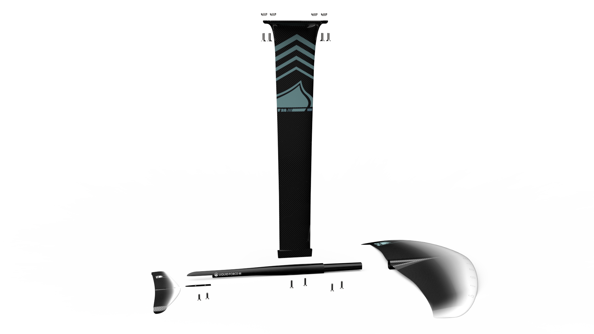 A black Liquid Force 2024 Carbon Horizon Surf 155 Foil Set with a foiling handlebar.