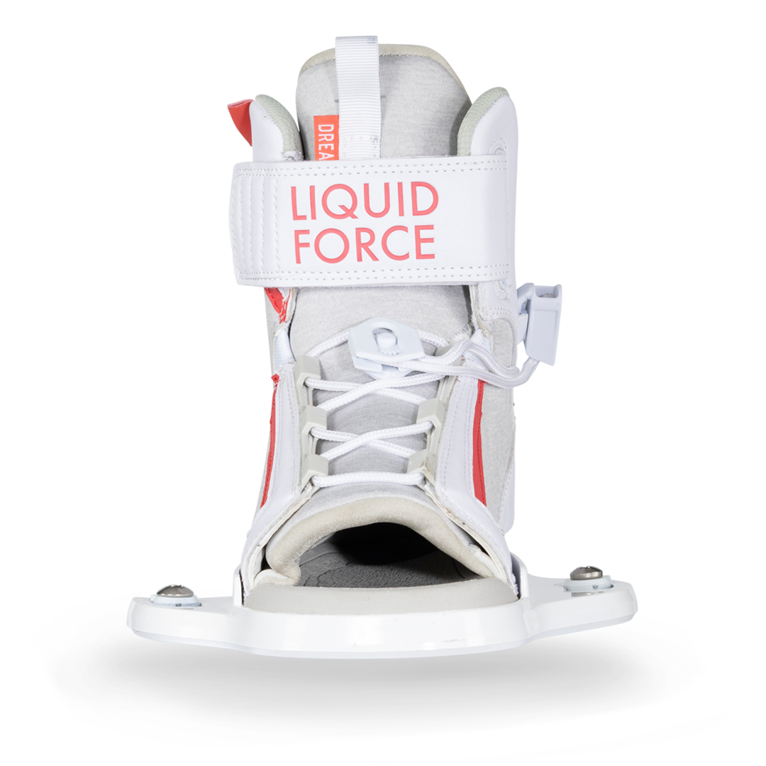 The Liquid Force 2024 Dream Bindings 12T-5Y in white/red provides both comfort and stability with its EVA footbed.