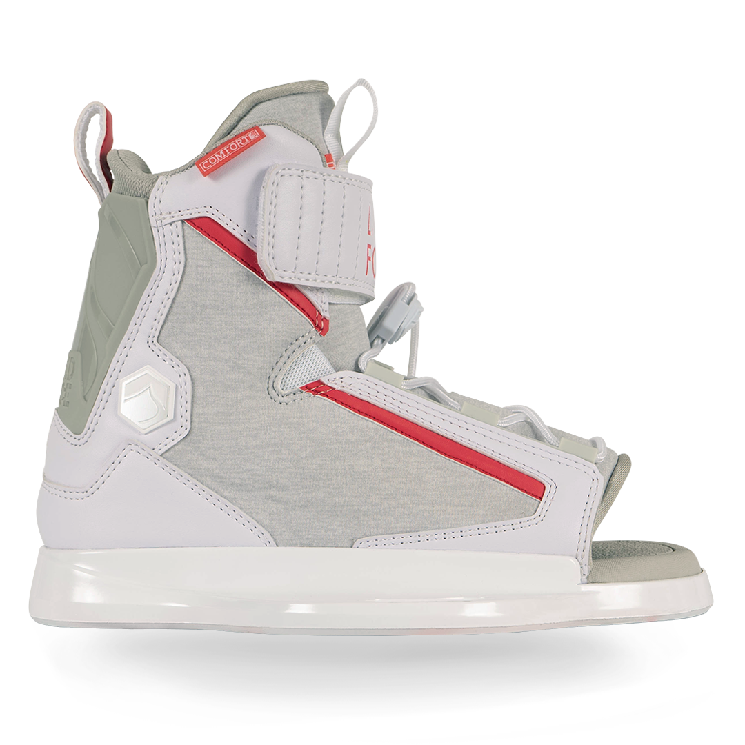 A pair of Liquid Force women's white and red wakeboard boots, the Liquid Force 2024 Dream Bindings 12T-5Y, providing comfort and stability with an EVA footbed.