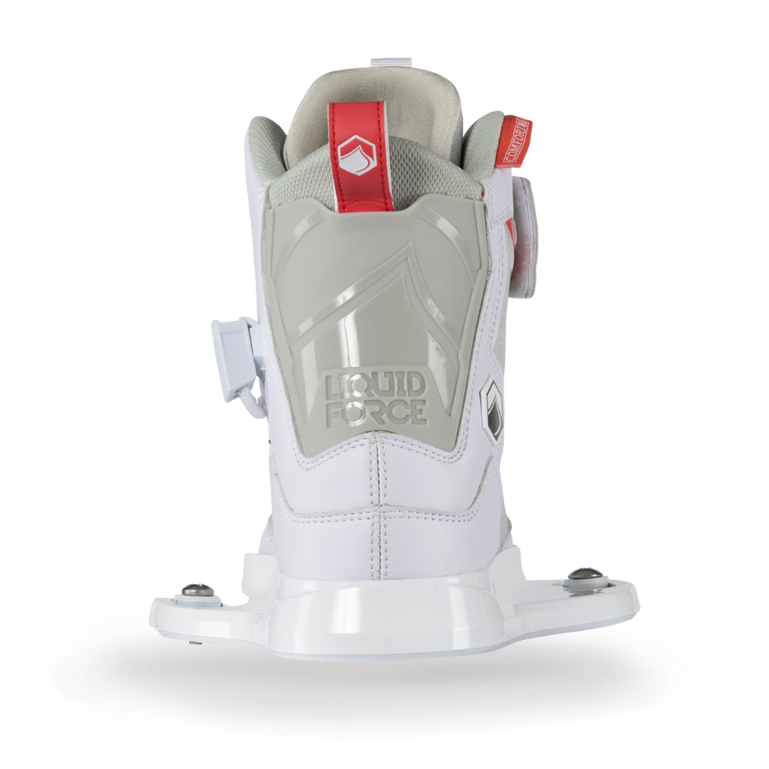 A pair of Liquid Force 2024 Dream Bindings 12T-5Y snowboard boots with red and white accents, providing comfort and stability with an EVA footbed.