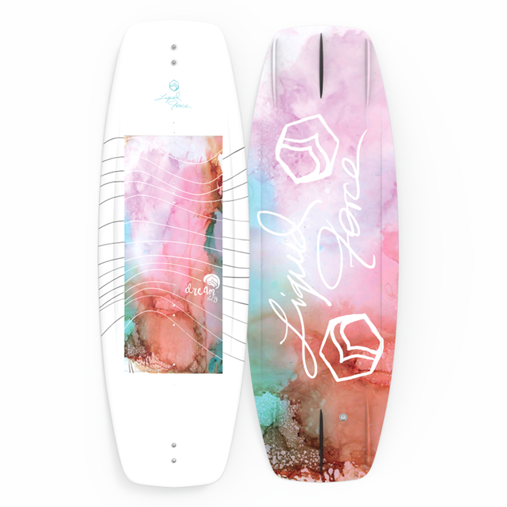 A next generation Liquid Force 2024 Dream Wakeboard with a pink and white dream design.