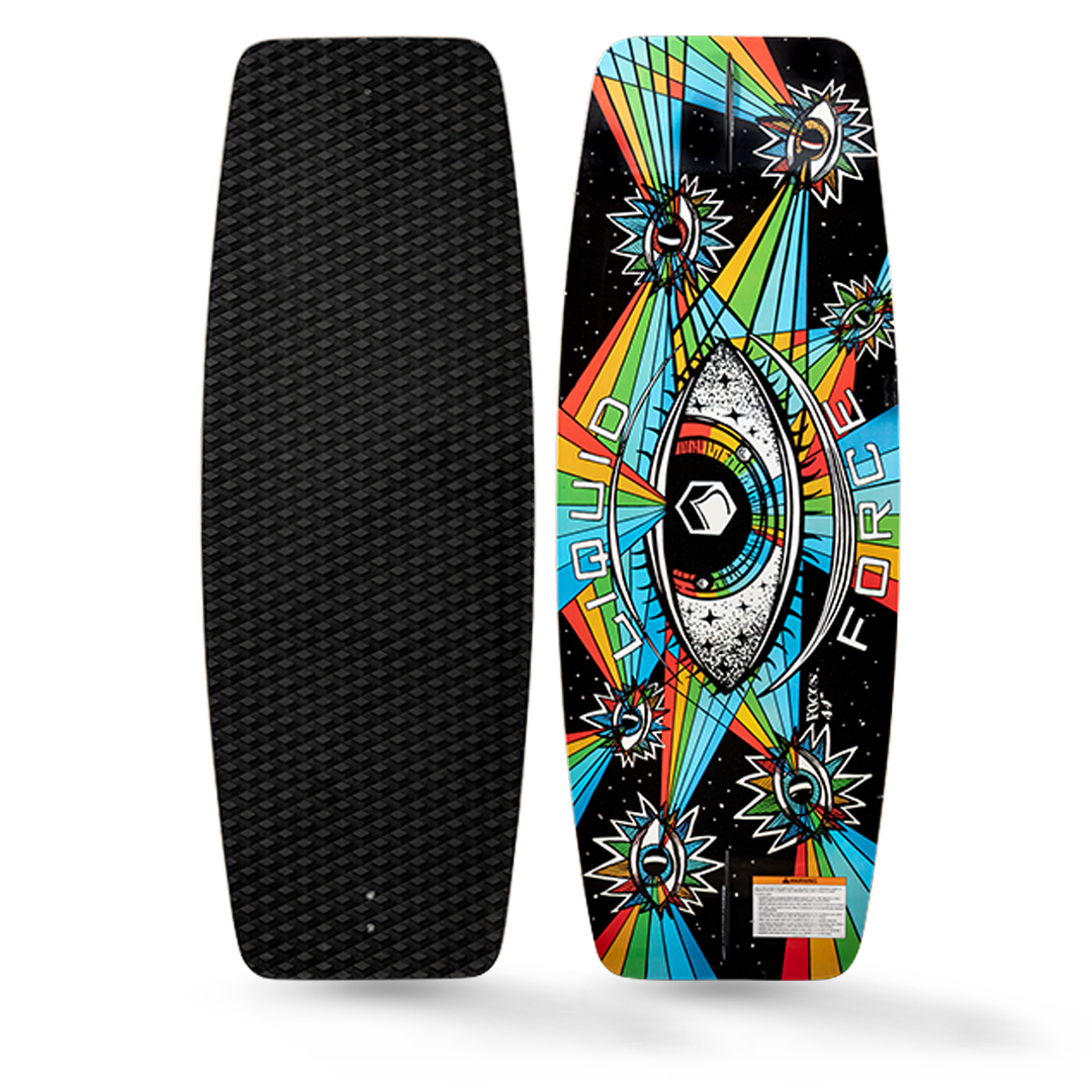 A Liquid Force wakeskate with a colorful design and foam grip.