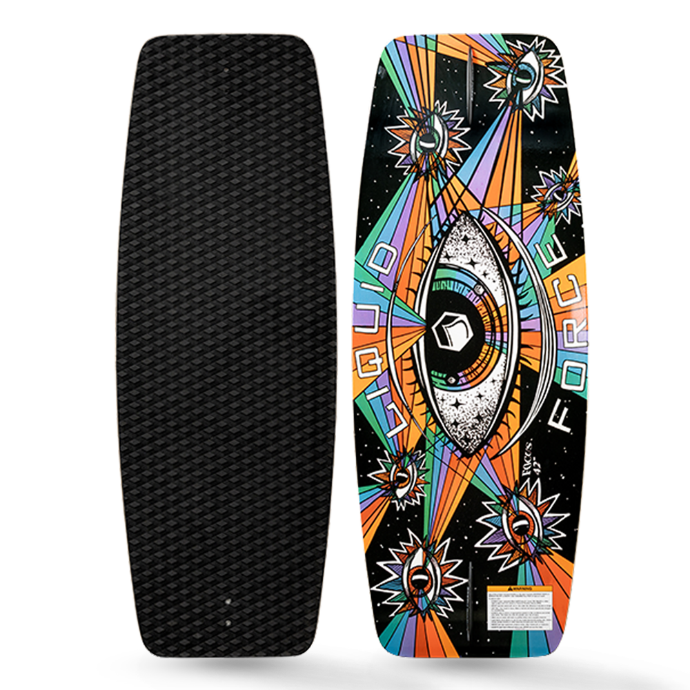 A Liquid Force wakeskate with an eye design on it, featuring foam grip.
