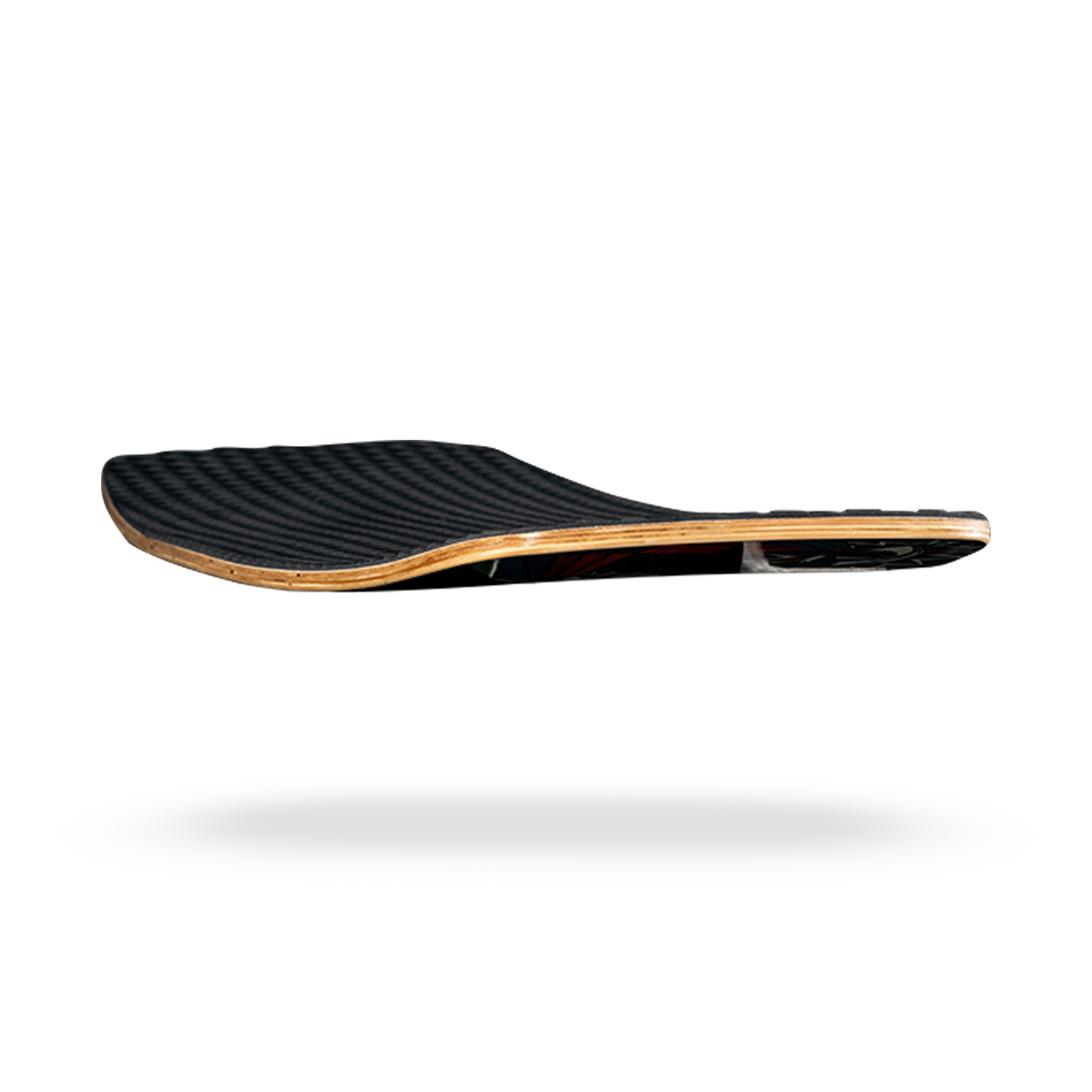 A black Liquid Force 2024 Focus Wakeskate with wood construction on a black background.