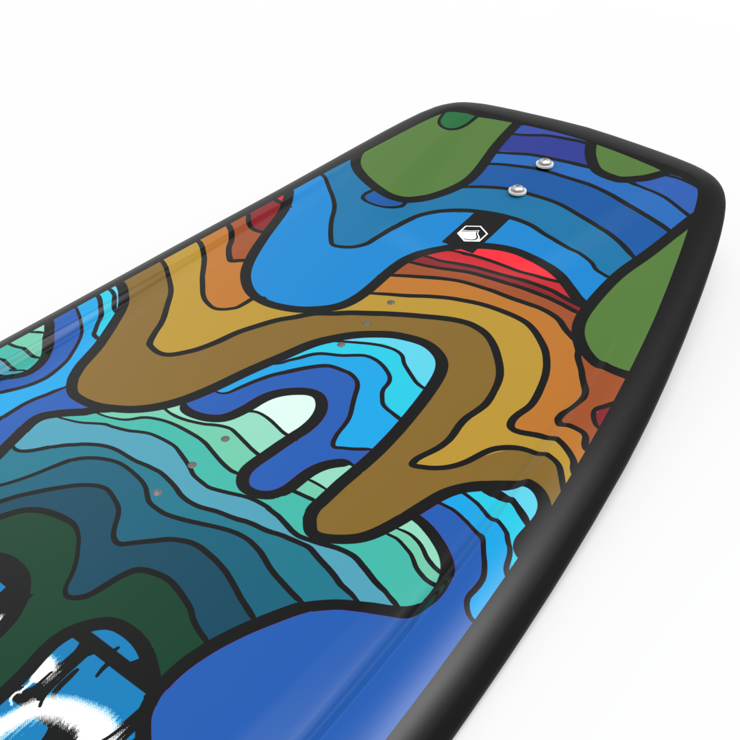 A colorful Liquid Force 2024 Fury Wakeboard with fins.