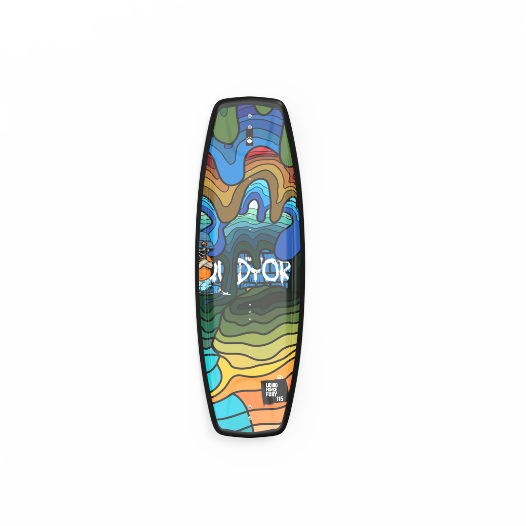 A Liquid Force 2024 Fury Wakeboard with a colorful design on it.